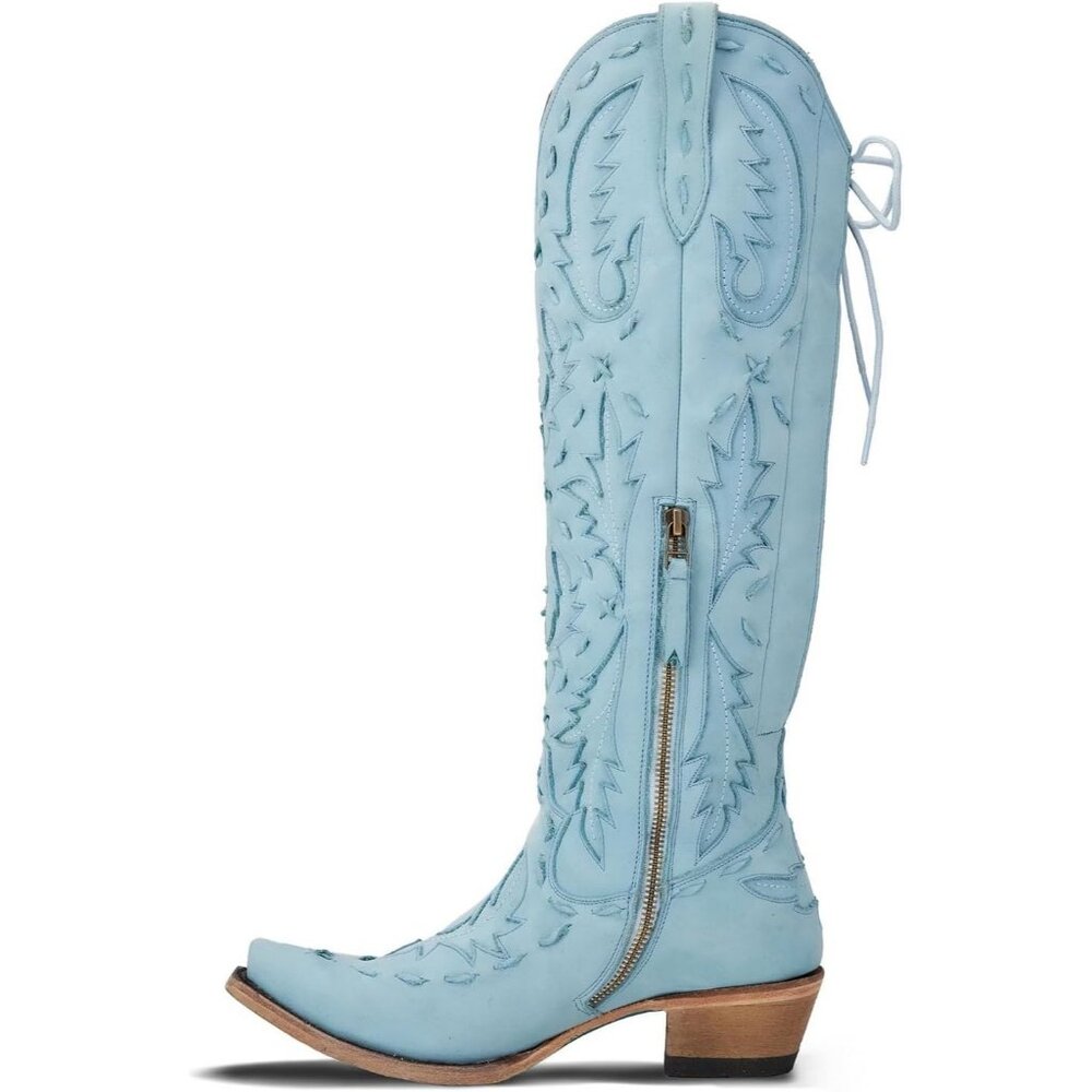 Women's Blue Pointed Toe Zipper Cowgirl Boots Lace up Chunky Heel Western Boots - Picture 6 of 7